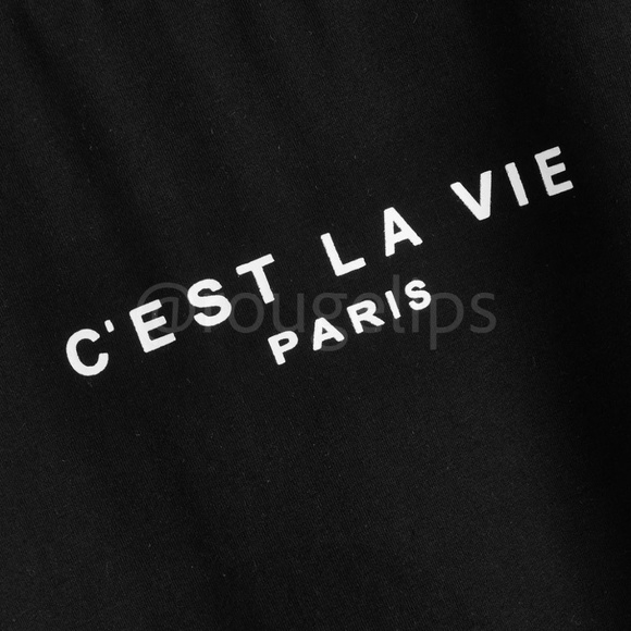 Black Graphic French Text Print Tee Shirt Short Sleeve Crew Neck - Picture 4 of 11